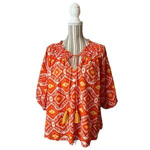 Ivy Jane Top Womens Medium/Large  Orange Tan Floral Boho Peasant Embroidery